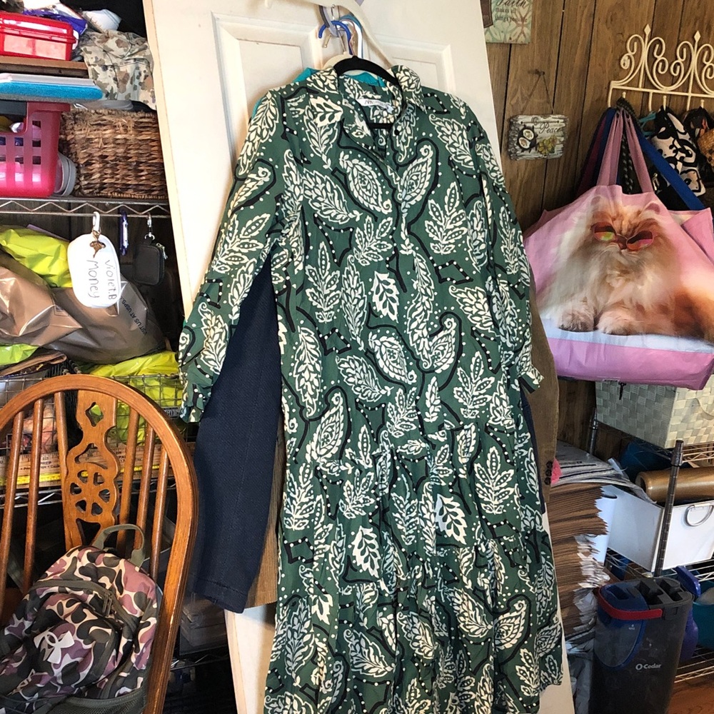 Zara Green and White Paisley Long-Sleeve Tiered Dress
